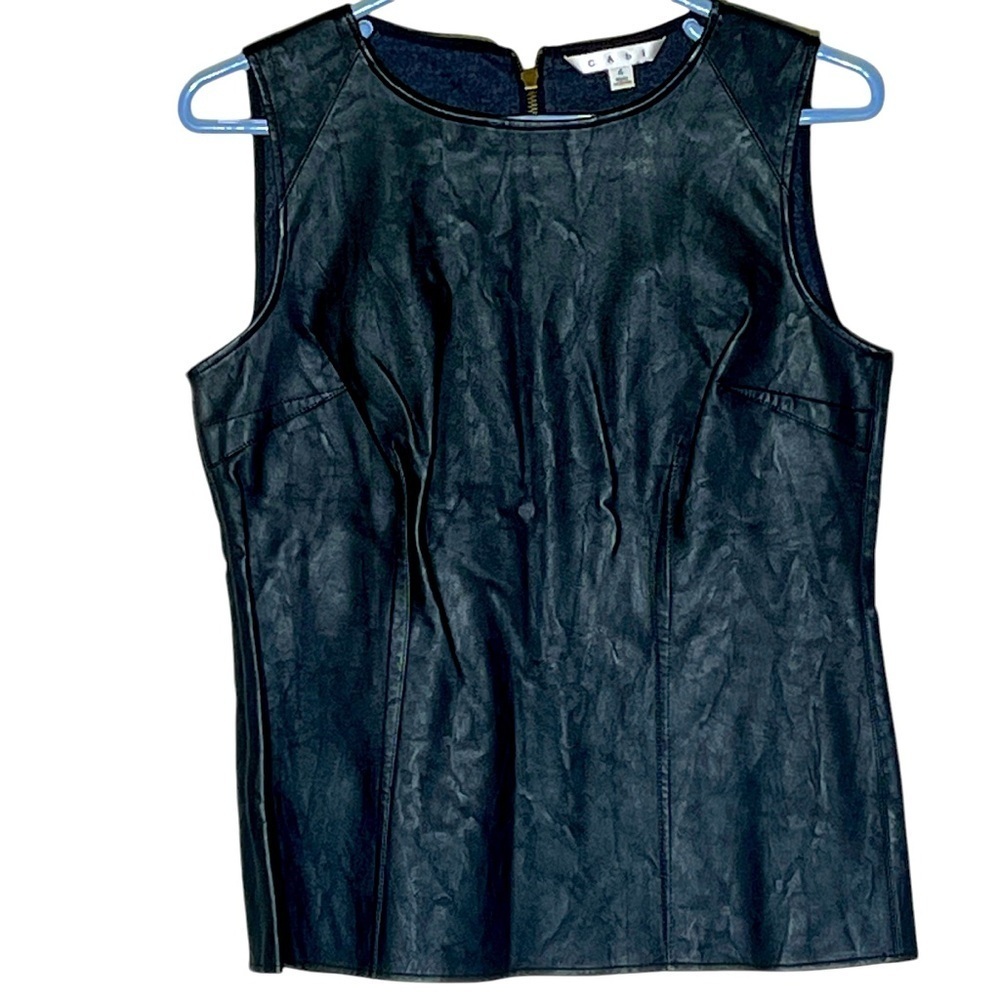 CAbi Fleather Shell Tank Top Vegan Faux Leather Black Womens Size 4 Back Zip